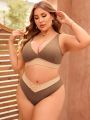 SHEIN Swim Basics Plus Size Colorblocked Ribbed Swimsuit Set