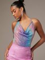 Muted Draped Collar Backless Sequin Halter Top