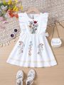 SHEIN Kids EVRYDAY Toddler Girls' Casual Floral Embroidery Flying Sleeve Dress