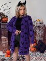 PUNK Plus Halloween Bat Pattern Drop Shoulder Open Front Cardigan