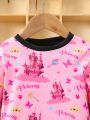 Young Girl Cartoon Graphic Contrast Trim PJ Set