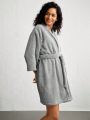 SHEIN Leisure Drop Shoulder Belted Teddy Lounge Robe