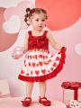 Baby Girls' Heart Print Dress With Bow Decoration