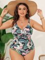 SHEIN Swim Classy Plus Size Cross Detail Tropical Print One-Piece Swimsuit