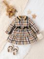 Baby Girl Plaid Print Flounce Sleeve Ruffle Hem Bow Front Dress