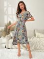 Plants Print Batwing Sleeve Nightdress