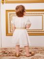 SHEIN Baby Girl Casual Holiday Style Short Sleeve Waist-Cinching Dress With Golden Tape