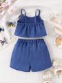 Baby Girl Butterfly Embroidery Casual Tank Top And Shorts Set