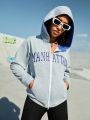 SHEIN Street Sport Text Printed Zipper Hooded Sports Sweatshirt