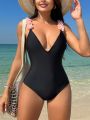 SHEIN Swim Chicsea Stand Collar Floral Spaghetti Strap One-Piece Swimsuit