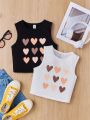 SHEIN Kids QTFun Big Girls' Knit Solid Color Heart Pattern Tank Top 2pcs Set