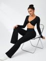 SHEIN Daily&Casual Ladies' Solid Color Cropped Top And High Waist Long Pants Sports Suit