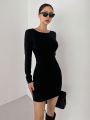 Dazy Star Solid Color Backless Long Sleeve Dress