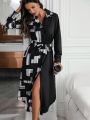 Random Printed Women's Tie Waist Shirt Dress