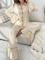 Contrast Binding Flare Sleeve Ruffle Hem Lounge Set