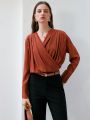 Anewsta Pleated Wrap Front Long Sleeve Top