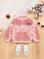 SHEIN Baby Girl Leopard Pattern Letter Patched Detail Striped Trim Zipper Teddy Bomber Jacket