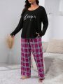 Plus Letter Graphic Tee & Plaid Pants PJ Set