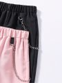 Teen Girls' 2pcs/Set Workwear Style Pants With Chain Decoration