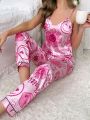 Heart & Floral Print Satin PJ Set