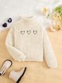 SHEIN Kids KDOMO Girls' Loose Fit College Love Heart Embroidery Half Turtle Neck Sweatshirt