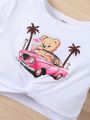 2pcs Baby Girl Valentine's Day Bear, Car Print Short Sleeve T-Shirt And Long Pants Summer Outfit