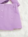 SHEIN Kids FANZEY Toddler Girls' Solid Color Turn-Down Collar Blouse With Lantern Sleeves And Matching Solid Color Half Skirt