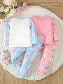 Infant Girls' Cute Cartoon Print Long Sleeve T-Shirt And Pants 4pcs Outfit Set For Autumn