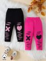 SHEIN 2pcs/Set Baby Girl Casual Geometric & Heart Pattern Printed Brim Pants For Outdoor Outfits In Spring & Summer