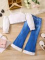 Toddler Girls' Hollow Out Front Flare Sleeve Top And Denim Effect 2pcs Outfits