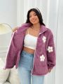 SHEIN Qutie Women's Plus Size Cute Purple Flower Furry Jacket