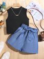 SHEIN Kids EVRYDAY Girl's Solid Color Vest And Shorts 2 Piece Set