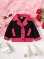 Baby Girls' Fashionable Color Blocked Woolen Windproof Motorcycle Jacket