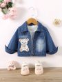 Baby Girl Bear Patched Pocket Denim Jacket Without Tee