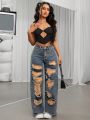 SHEIN ICON Ripped Raw Hem Wide Leg Jeans