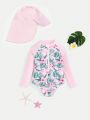 SHEIN Baby Girl Casual Plant Pattern Colorblock Long Sleeve One-Piece Swimsuit With Hat