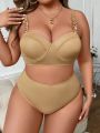 SHEIN Swim Chicsea Plus Size Women'S Metal Chain Shoulder Strap Swimsuit Set