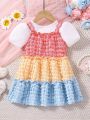 SHEIN Kids Nujoom Sweet, Ladylike, Casual, Fashionable And Trendy Color-Blocked Puff Cute Two-Piece Set For Girls