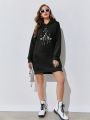 Moon & Hand Graphic Kangaroo Pocket Drop Shoulder Drawstring Hoodie Dress