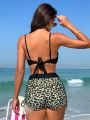 SHEIN Swim Classy Women'S Leopard Print Spliced Cross Halter Bikini Set