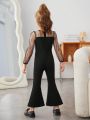 SHEIN Kids FANZEY Little Girls' Knitted Solid Color Patchwork Woven Mesh Puff Sleeve Elegant Jumpsuit