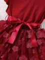 SHEIN Kids CHARMNG Young Girl Burgundy Solid Color 3d Flower Romantic Holiday Round Neck Dress With Ruffled Sleeves For Summer