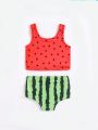 SHEIN Baby Girl Casual Watermelon Pattern Sleeveless Swimsuit Vest With Triangle Shorts Swimwear Set