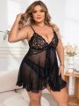 2pcs/Set Plus Size Lace Panel Ruffled Hem Spaghetti Strap Nightgown And Triangle Panties Set, Sexy Lingerie (Valentine'S Day Edition)