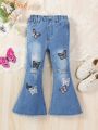 Little Girls' Y2k Style Stretchy Raw Hem Ripped Butterfly Printed Flare Jeans