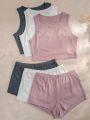 3pcs Ribbed Knit Tank Top & 3pcs Shorts