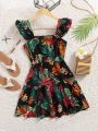 SHEIN Teen Girls Ruffle Trim Tropical Print Dress