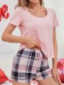 Women's Solid Color Top & Plaid Shorts Pajamas Set