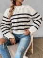 Women's Round Neckline Hollow Out Knitted Striped Sweater