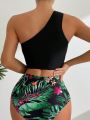 SHEIN Swim Vcay Women's One Shoulder Hollow Out Plant Print Two Piece Swimsuit